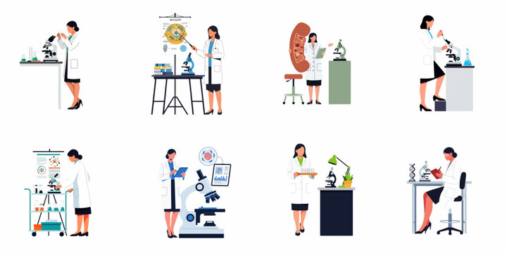 Collection of flat vector illustrations depicting professional female scientists and researchers working in various laboratory environments with microscopes and scientific equipment.