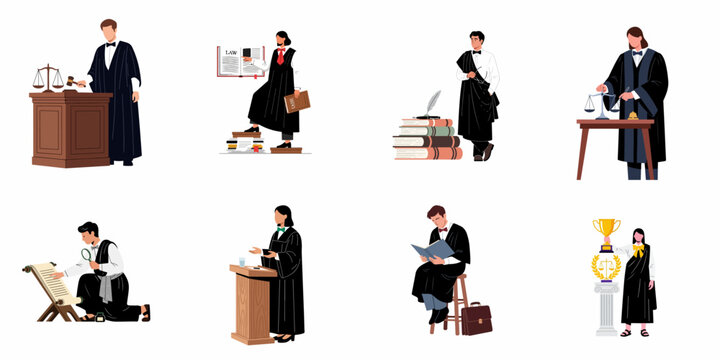 Flat vector illustration of legal professionals including judges and lawyers in various courtroom and law-related scenes on a white background.