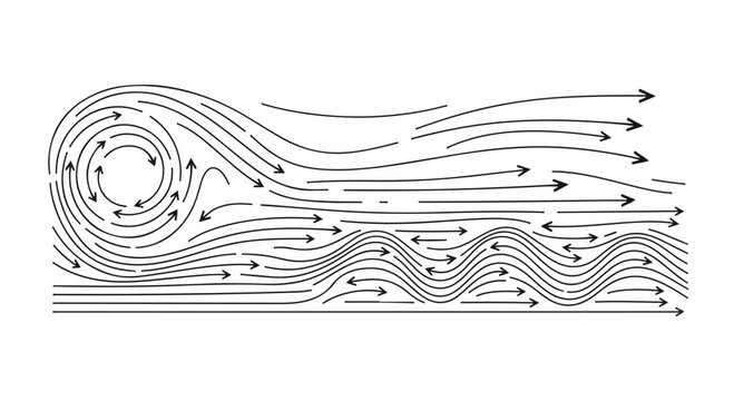 Minimalist wind flow vector illustration, abstract air current lines with arrows, black and white aerodynamic stream pattern for science and weather