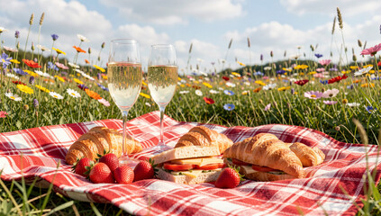 Fototapeta premium Wildflower Meadow Picnic with Champagne Flutes