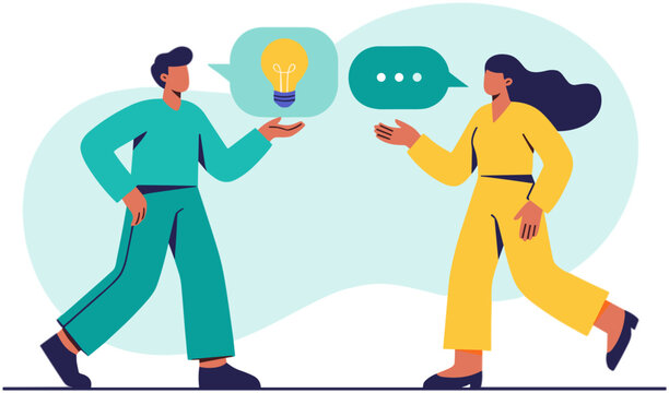 Two people discussing ideas with lightbulb and speech bubbles nearby indoors