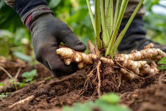 Farmer hand harvesting fresh organic ginger root