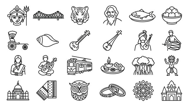 Bengali cultural heritage icons set representing Poila Baisakh on white background line art.