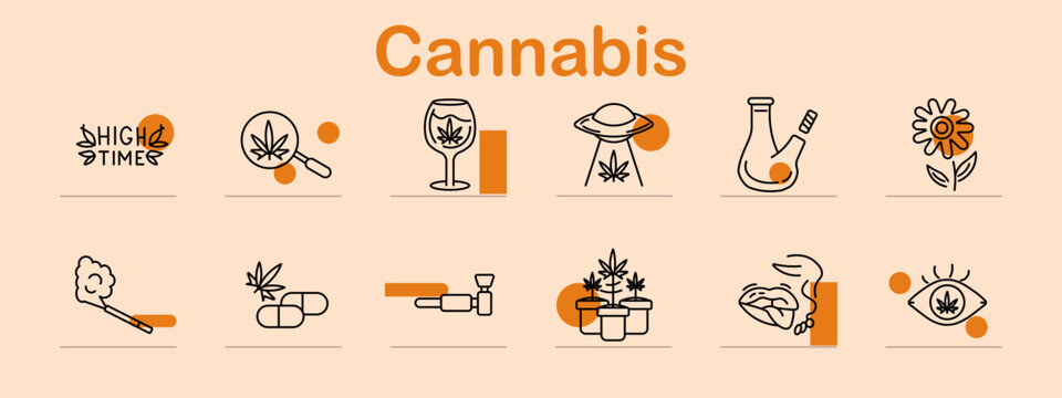 Cannabis set icon. Line symbols depict high text, cannabis leaf, wine glass, alien head, bong, flower plant, smoking joint, pills, pipe, potted plants, lips smoke, eye leaf.