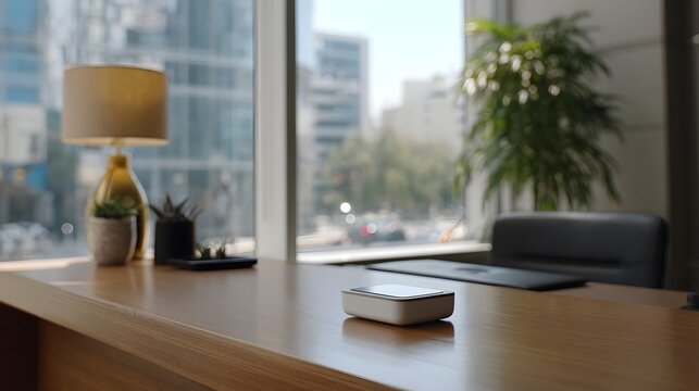 A modern office workspace is neatly arranged with a small electronic device a lamp and plants overlooking a blurred urban city view from a large