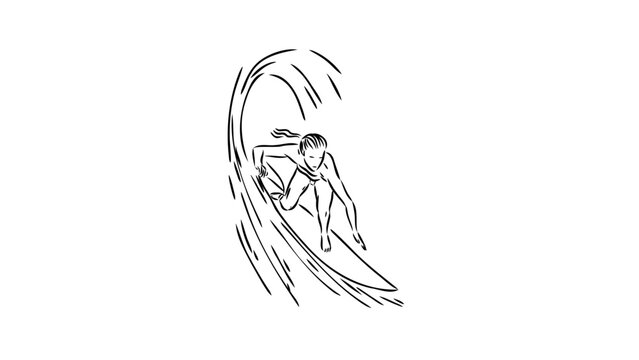 A minimalist line art illustration of a surfer riding a wave