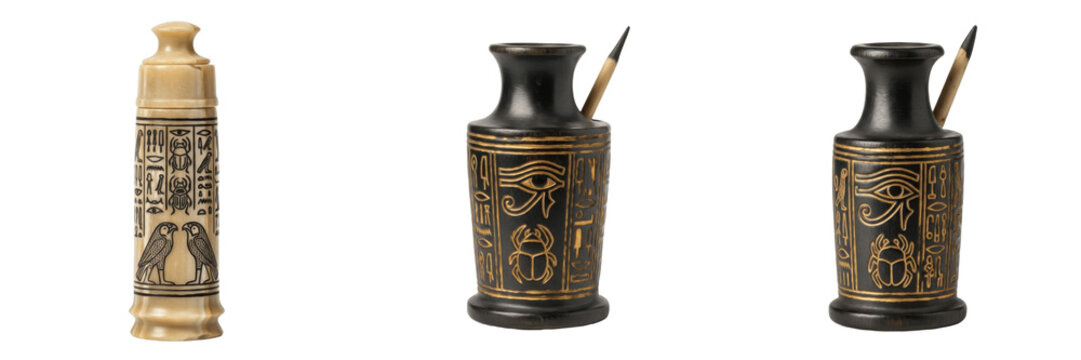 Set and collection of ancient Egyptian kohl pots and cosmetic jars with scarab and falcon carvings isolated on white transparent PNG background