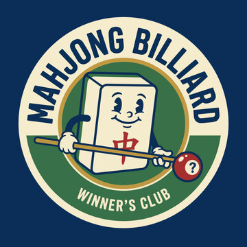 This playful design features a cheerful Mahjong tile character holding a cue stick, symbolizing a blend of billiards and cultural gaming spirit in a vibrant style.
