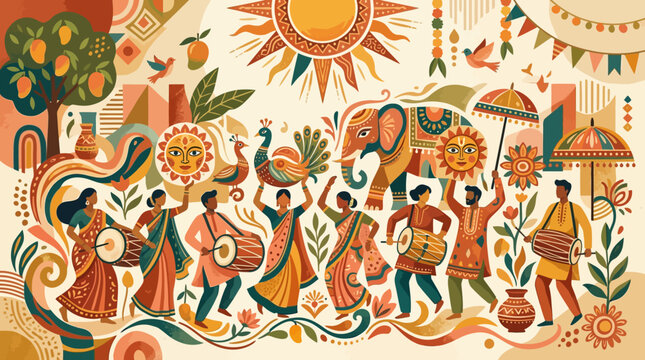 Bengali New Year people dancing in a festive folk art procession with cultural motifs and warm tones.