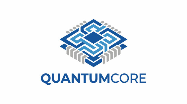 This image showcases a modern logo design for QuantumCore, symbolizing advanced technology and quantum computing with interconnected shapes and a sleek color palette.