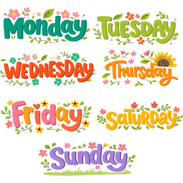 Colorful Hand Lettering Days of Week with Flowers Set