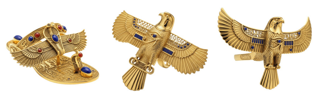Set and collection of antique ancient Egyptian golden falcon amulets and Horus bird jewelry with lapis lazuli isolated on white transparent PNG background.
