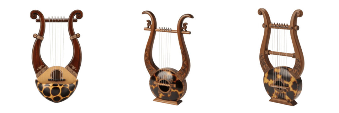 Set and collection of antique ancient Roman lyre musical instruments with tortoiseshell soundboxes isolated on white transparent PNG background.