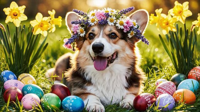 A happy corgi dog wearing a floral crown lies in grass surrounded by colorful Easter eggs and vibrant daffodils.