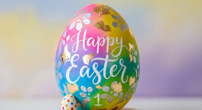 Colorful Easter egg with painted floral and Happy Easter text floral painted egg