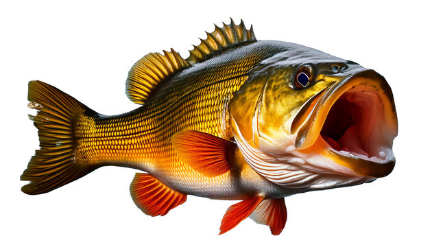 Vibrant largemouth bass with wide open mouth, showcasing detailed scales and fins, 