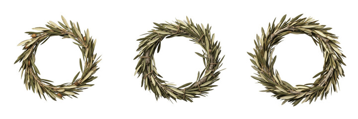 Set and collection of antique ancient Roman olive leaf wreaths and laurel crown symbols isolated on white transparent PNG background. © imageworld