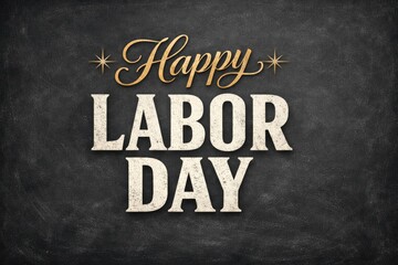 Obraz premium Vintage Happy Labor Day greeting on dark chalkboard, rustic typography for American holiday celebration, textured slate background with gold accents
