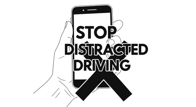 Stop distracted driving sign with hand holding smartphone and large cross symbol.