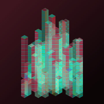 Isometric City abstract background with isometric, skyline, and district elements; dense composition, monochrome palette, calm mood.
