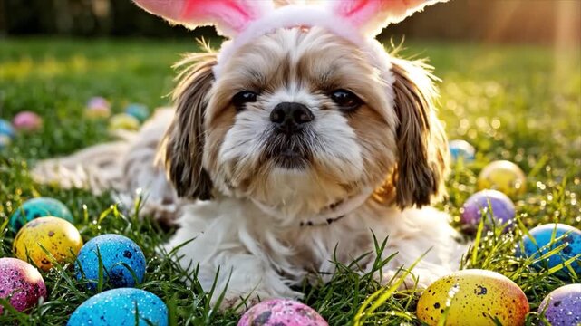 A small dog wearing pink bunny ears lies on grass surrounded by colorful Easter eggs.