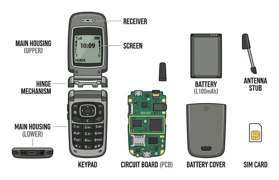 Nokia flip phone parts diagram main housing keypad screen battery circuit board sim card antenna