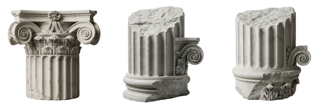 Set and collection of antique ancient Roman ionic column marble fragments with fluted details isolated on white transparent PNG background.