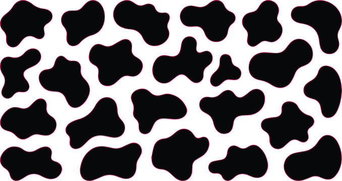 Abstract black cow spots vector pattern, organic animal print texture, irregular blotch shapes for dairy branding, farm design, or textile background.