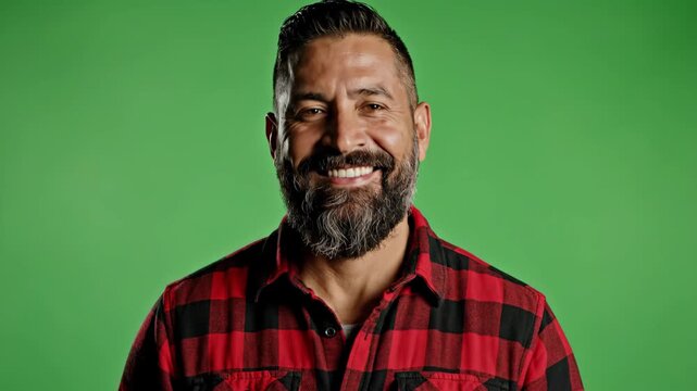 Smiling man with beard in red plaid shirt against green background