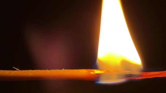 A single wooden matchstick bursts into a bright, flickering flame. The glowing orange fire consumes the wood, creating a sense of warmth and fleeting power. It is a simple yet captivating sight.