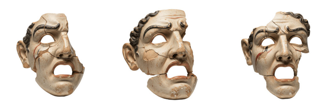 Set and collection of antique ancient Roman theater mask fragments with tragic expressions isolated on white transparent PNG background.