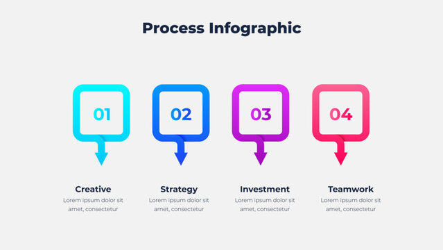 4 step process infographic with colorful square segments and downward pointing arrows for business
