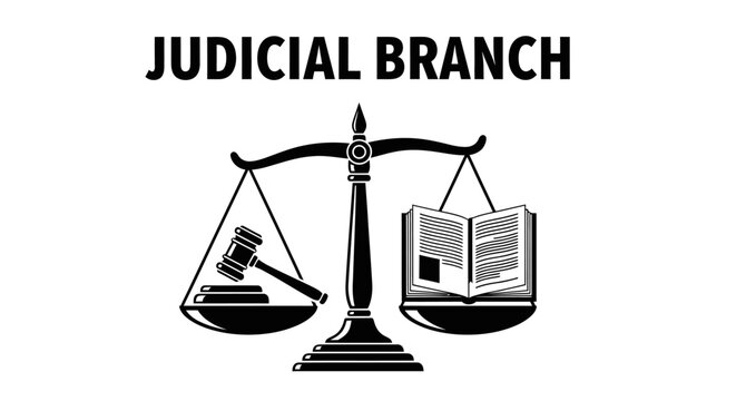 Judicial Branch of government concept with scales of justice, gavel, and law book.