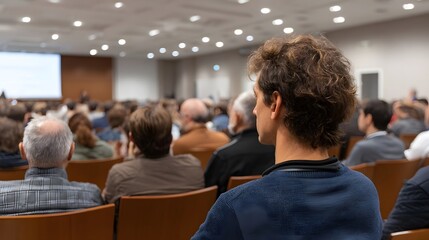 Obraz premium View of a seated audience attentively listening in a brightly lit conference hall during a presentation or seminar with a man in the foreground