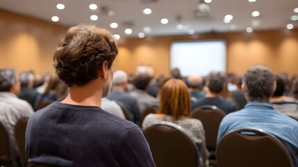 Fototapeta premium A diverse audience of men and women sits in a conference hall attentively watching a presentation on a large screen at the front of the room