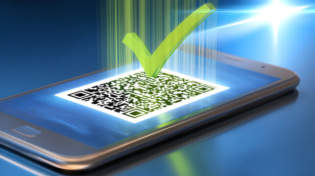 Smartphone displaying a green check mark and a black white QR code.

