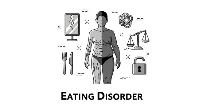 Eating Disorder Concept Illustration with Body Dysmorphia and Mental Health Icons