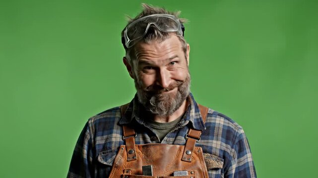 Smiling bearded man with plaid shirt and apron against green background