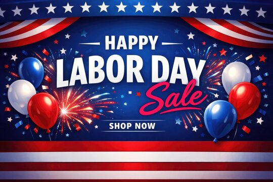 Labor Day Sale promotional banner, patriotic American holiday discount background with red white and blue balloons, festive fireworks and stars