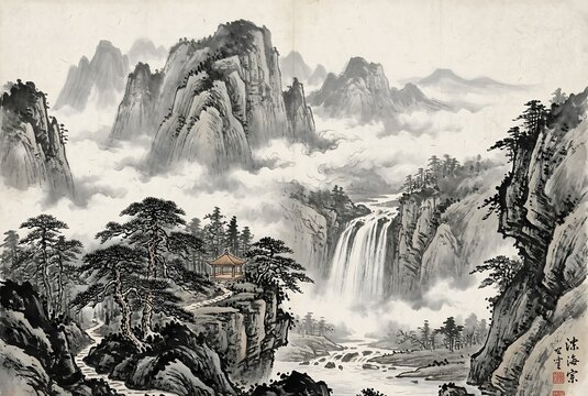 Majestic traditional Chinese landscape painting (Shan Shui). Towering misty mountains, cascading waterfall, and a small wooden pavilion hidden in a pine forest. Atmospheric perspective using varied.