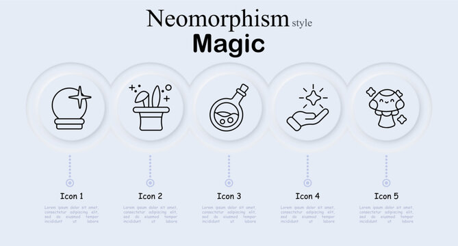 Magic fantasy set icon. Crystal ball divination, magician hat trick, alchemy potion bottle, glowing spell hand, enchanted doll charm, mystical ritual, wizard illusion.