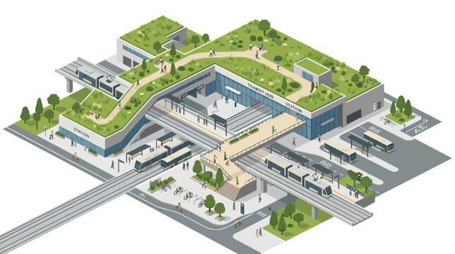 Modern Isometric Sustainable Transit Hub Station with Green Roof Park, Integrated Train and Bus Terminal for Eco-Friendly Urban Planning