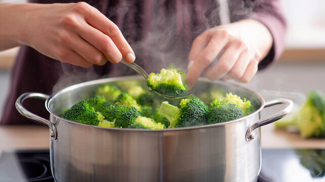 A man's hands are preparing fresh broccoli in a pot: pieces of green florets are boiling in hot water, and steam rises over the pot.