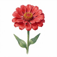 Obraz premium Red Zinnia Flower Watercolor Illustration with Green Stem and Leaves
