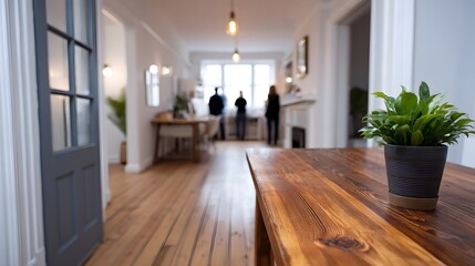 Obraz premium Interior view of a modern home with a wooden table in the foreground and blurred people near a window