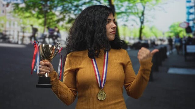 Woman holding a trophy and wearing a first place medal on a street lined with trees and bollards; pride determination.