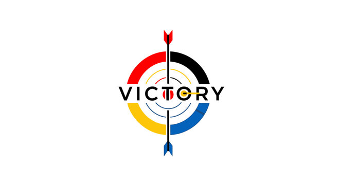 Colorful target with victory text logo.
