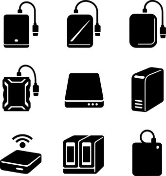 black and white icons of various external computer storage devices
