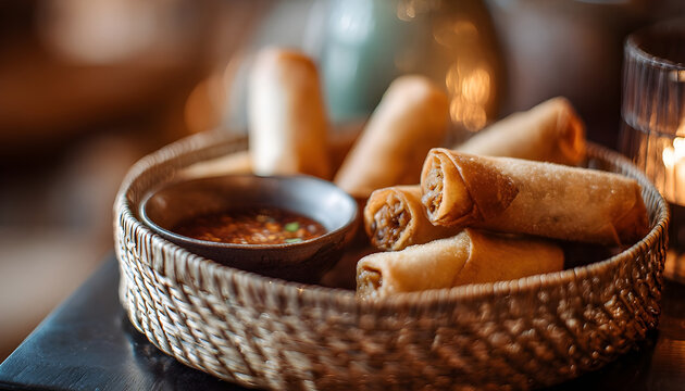 Delicious lumpia bites served with dipping sauce on a woven serving tray in a softly lit ambiance