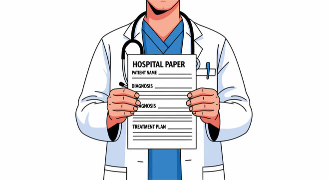 Male doctor in lab coat and scrubs holding a form titled "HOSPITAL PAPER" with diagnosis and treatment plan sections, in comic book illustration style.